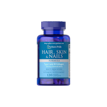 A bottle of Puritan's Pride Hair, Skin & Nails Formula 120 Coated Caplets.